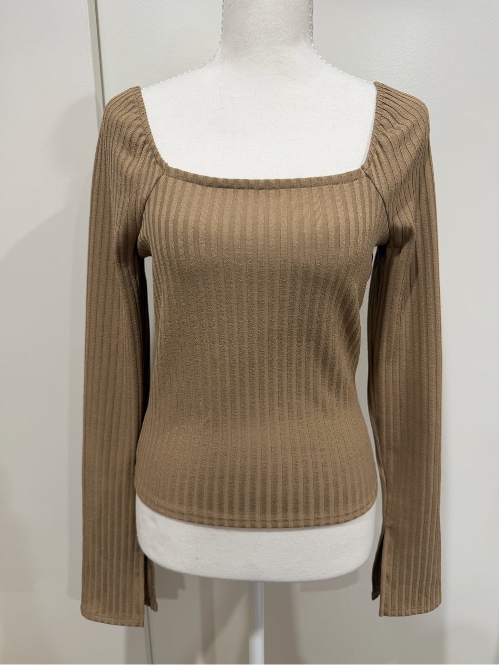 Maxwell Ribbed Square Neck Long Sleeve Top - Brown